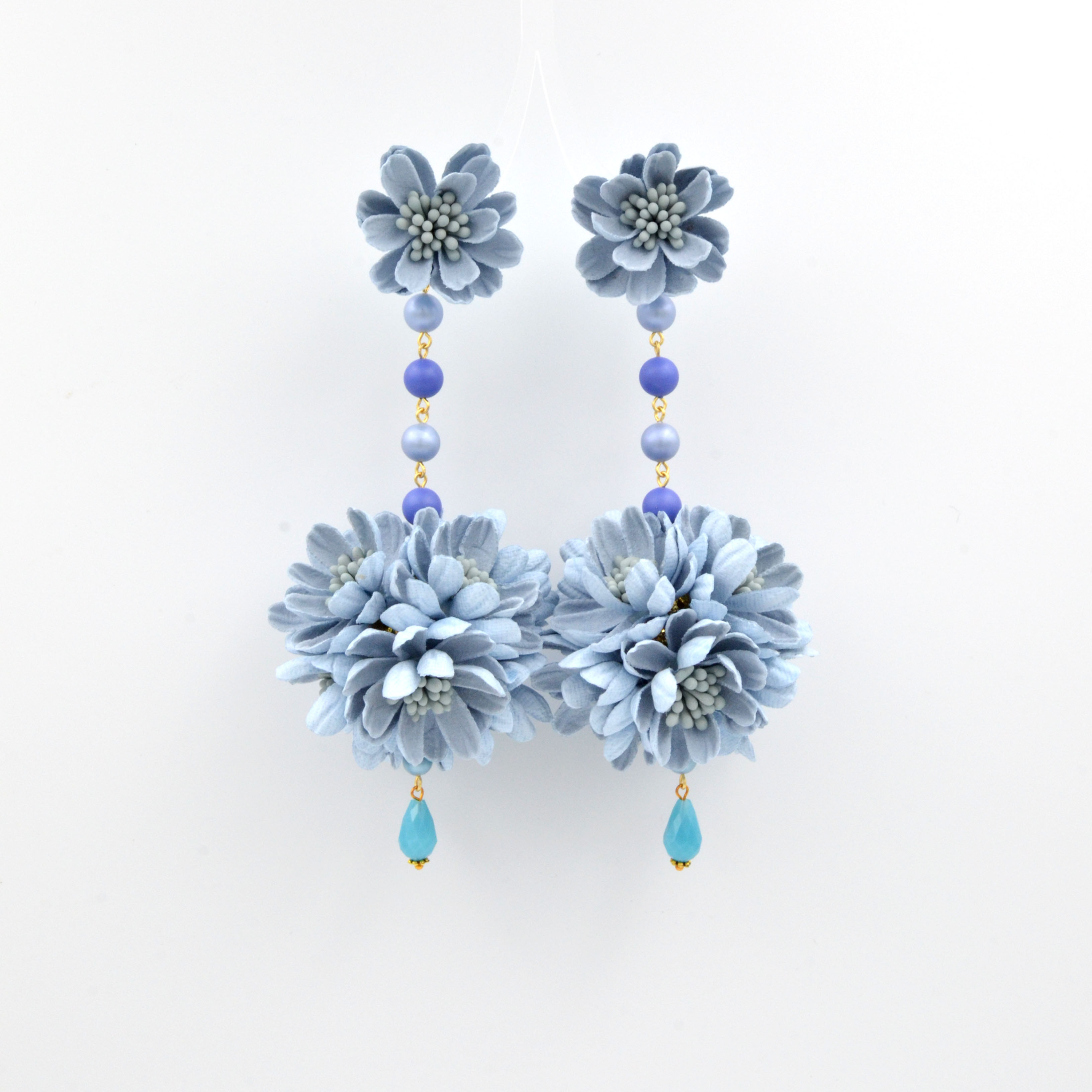 煙藍色巨型雛菊花球耳環