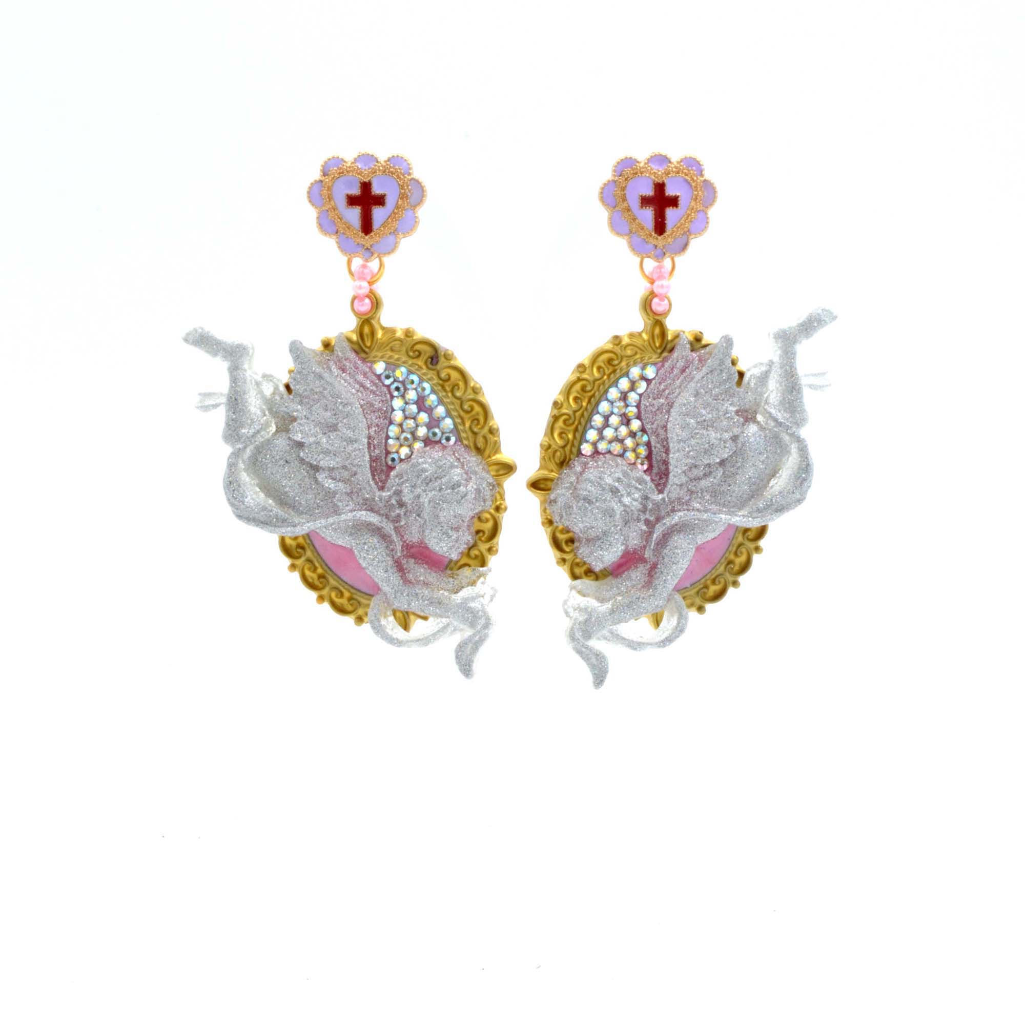灰色半透立體天使雕花框綴施華洛水晶耳環 超輕 十字架紅心耳環夾
