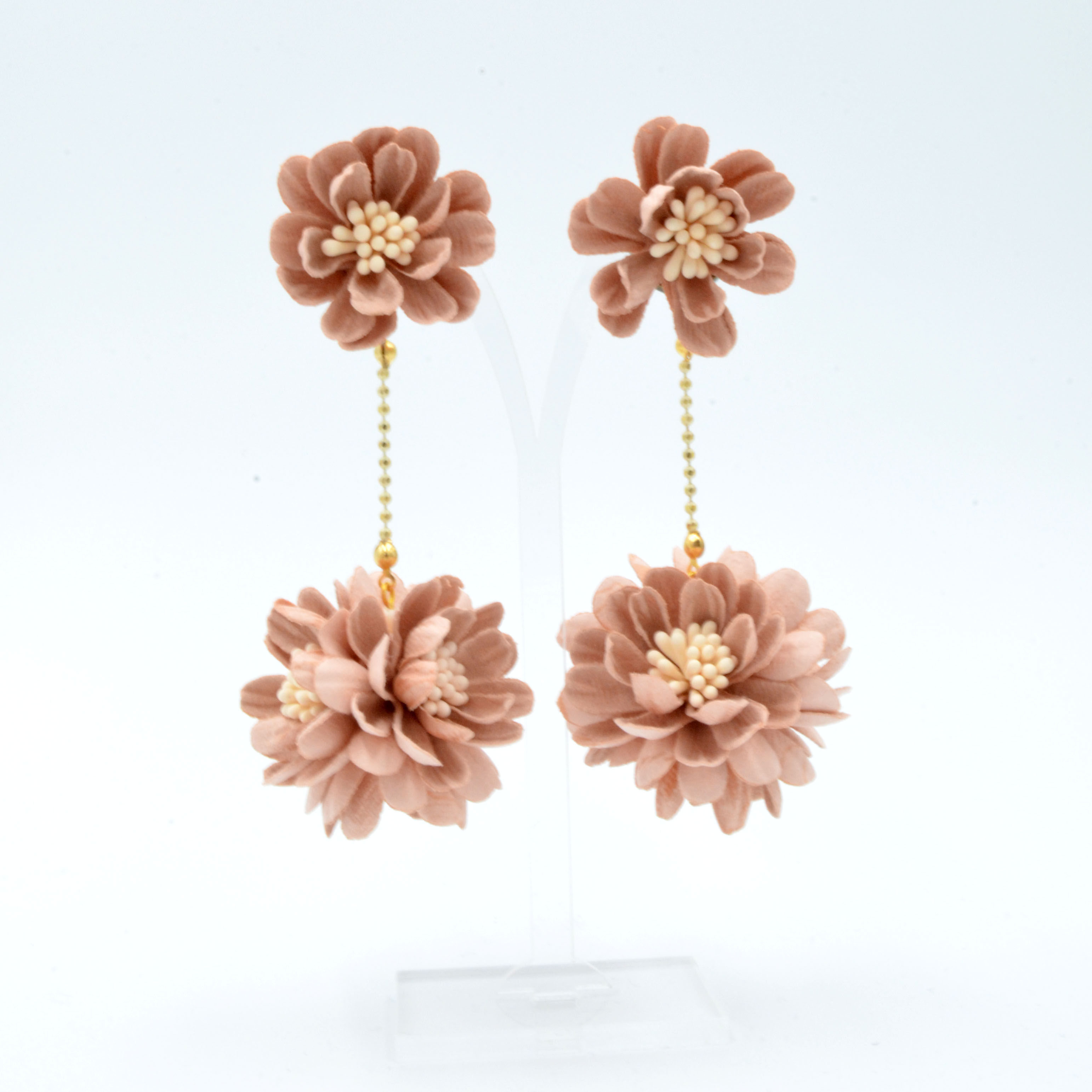 蜜桃粉紅色立體壓花雛菊花球耳環  Peach Coral Daisy Ball Earring