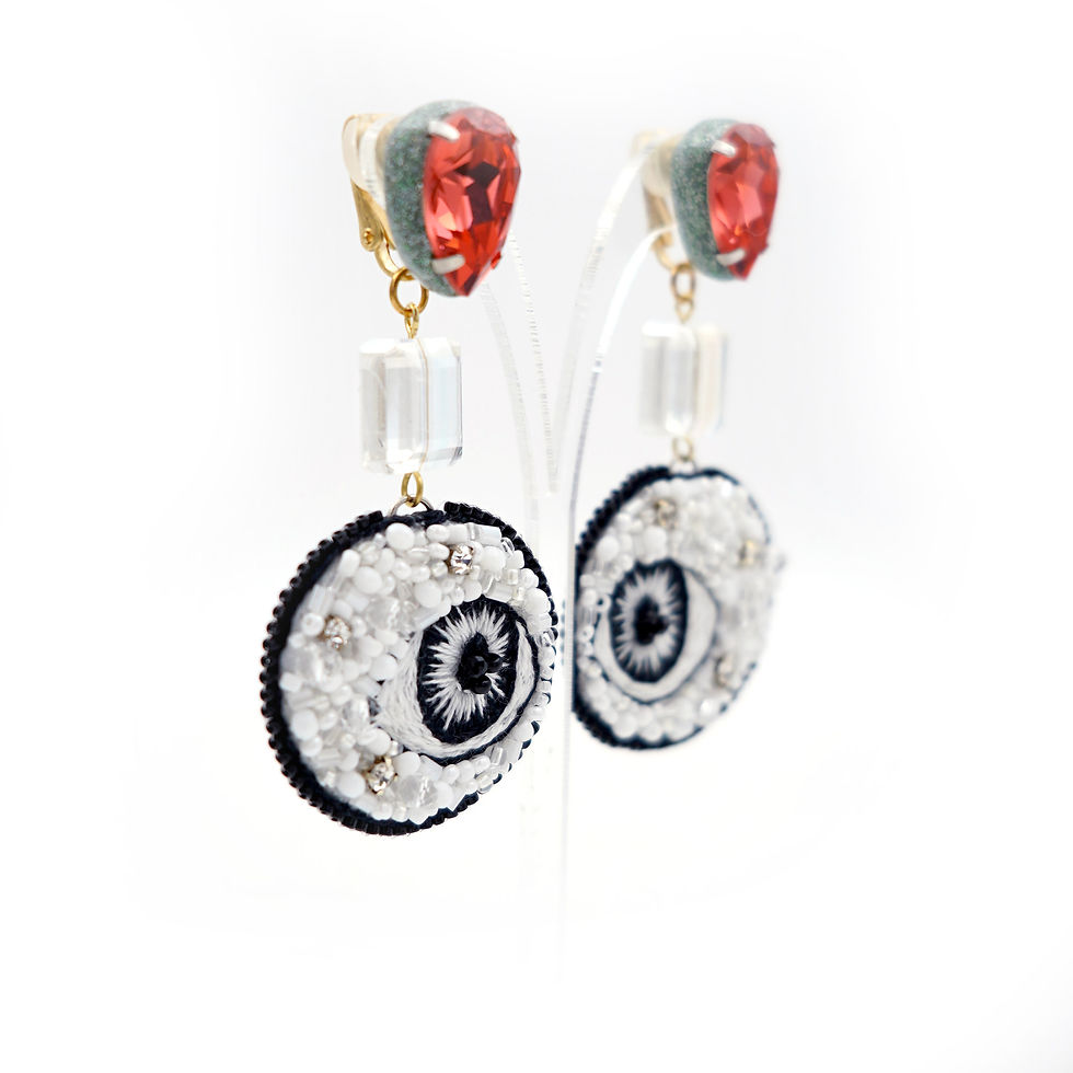 Miniaturbild: 【CUPID】Large White Eyes Embroidery Earring 【邱比特系列】巨大白色刺繡釘珠眼晴耳環   Eye Material - Embroidery Stitches + PU  Crystals Material -
