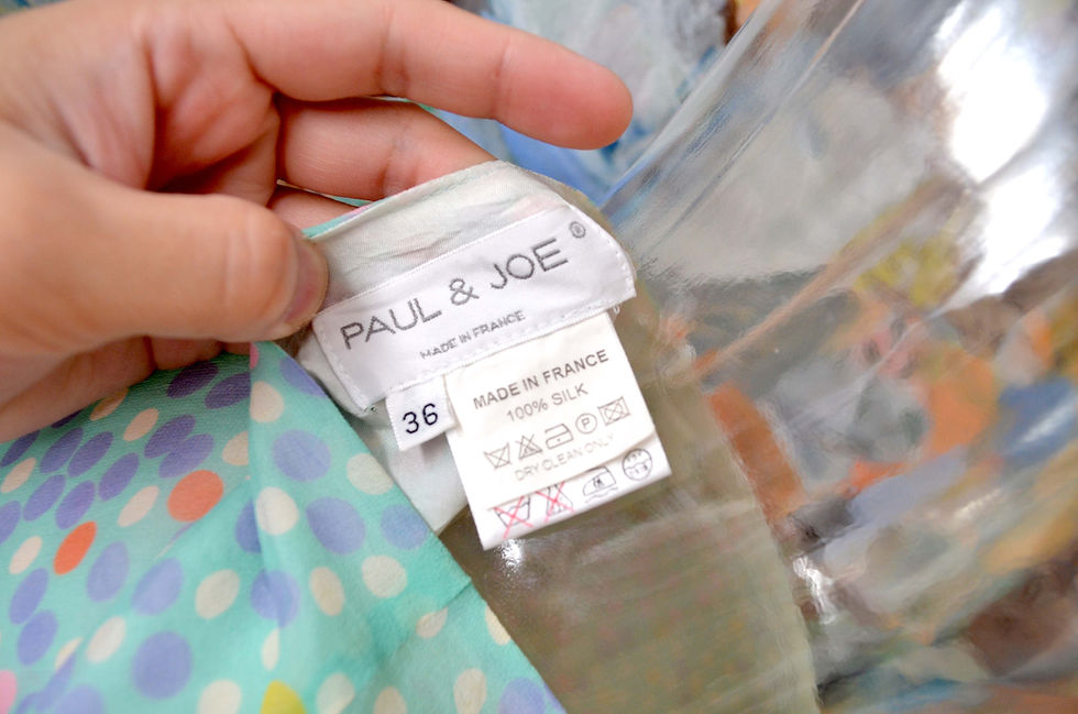 サムネイル： 法國中古PAUL & JOE 全真絲薄荷綠彩色圓波點水玉鉛筆裙 文青古著