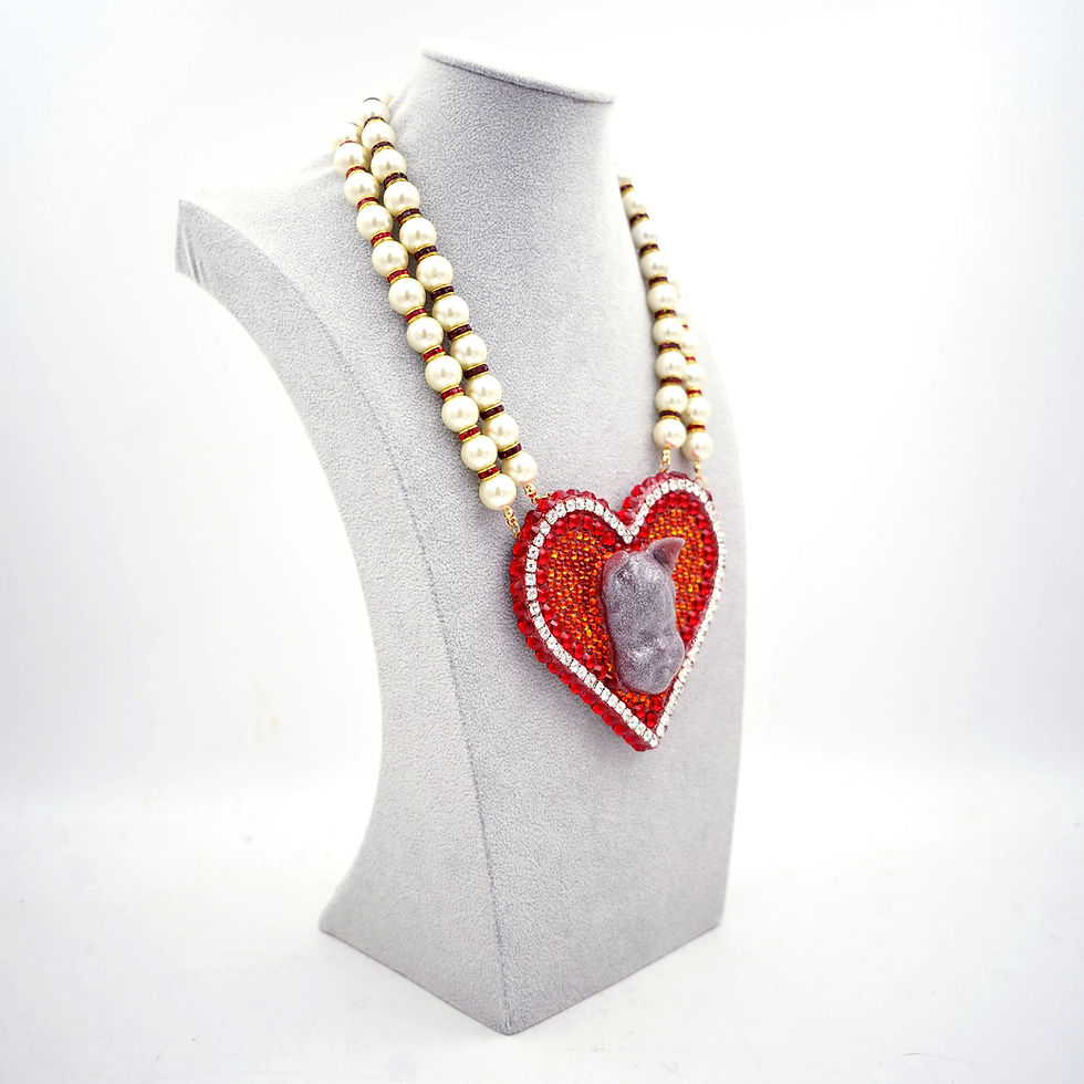섬네일: 【CUPID】Large Red Heart w/ Swarovski Crystals Faux Pearl Necklace 【CUPID】巨大心型紅色水晶配玻璃珍珠頸鍊    Heart Material - Plastic  Crystals