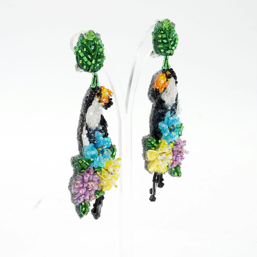 Miniature : French Hand-Embroidered Baroque Style Black and White Toucan Earrings