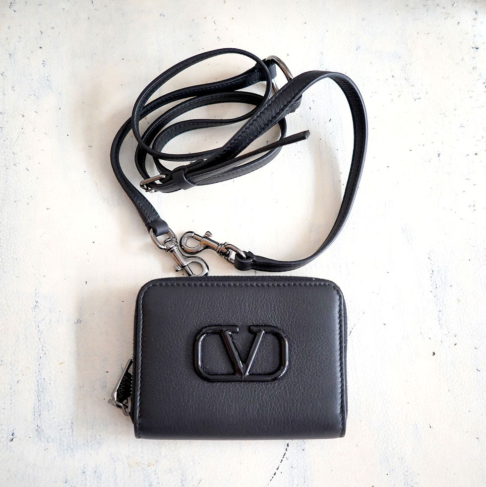 サムネイル： VALENTINO Black Leather Card Holder Mini Wallet Crossbody Bag + 3D Metal V Logo