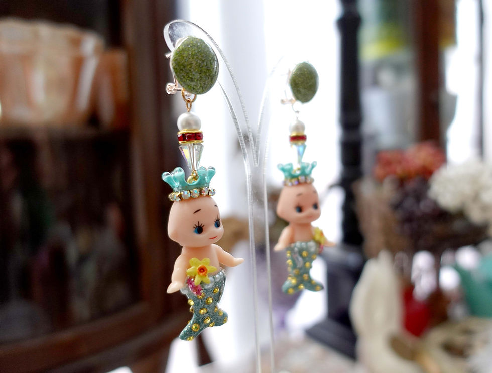 縮圖：綠色美人魚小嬰兒娃娃綴施華洛水晶寶石夾耳環耳夾 全手工可訂製 的副本 的副本