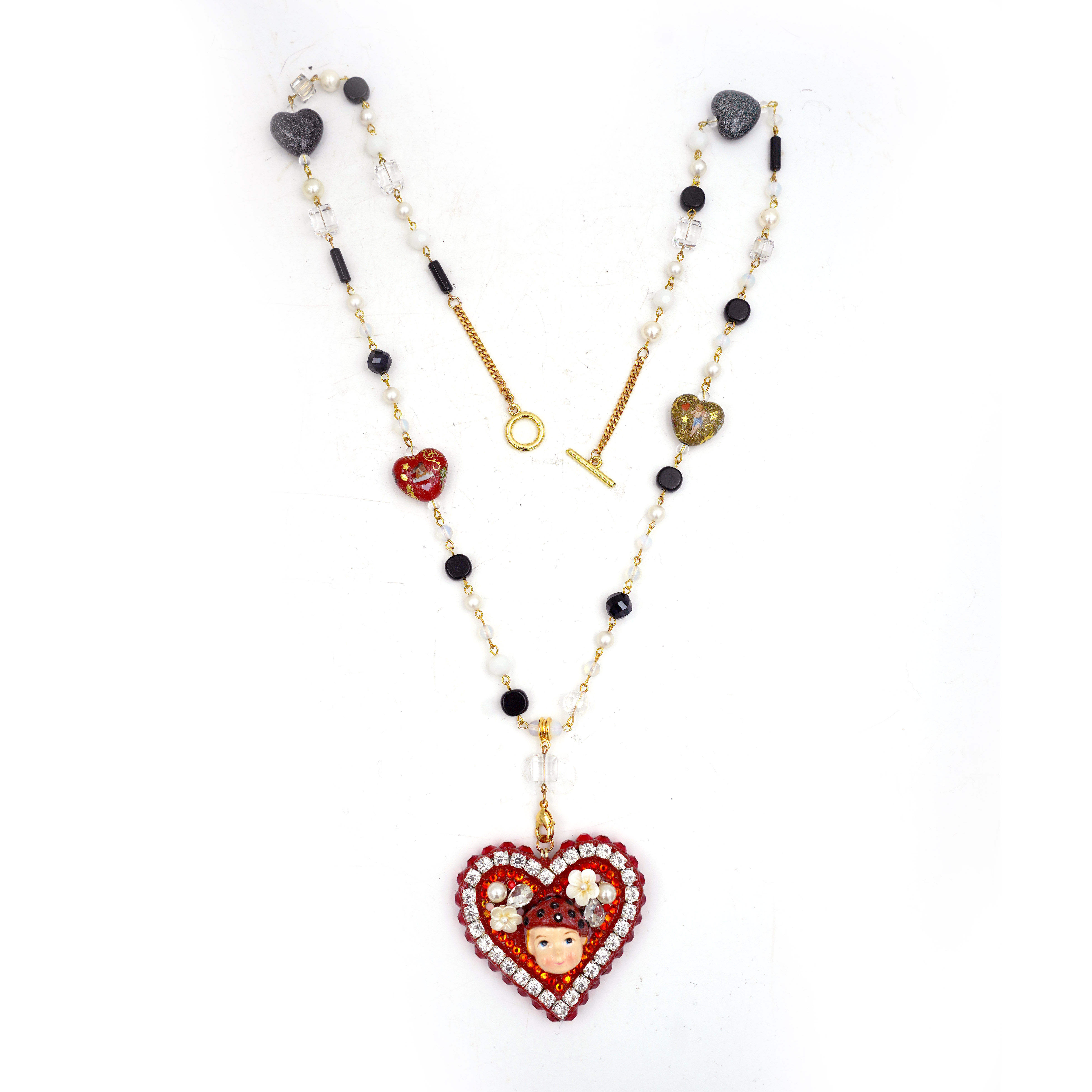 【CUPID】Red Heart & Boy deco w/ Swarovski Crystals Faux Pearl Necklace