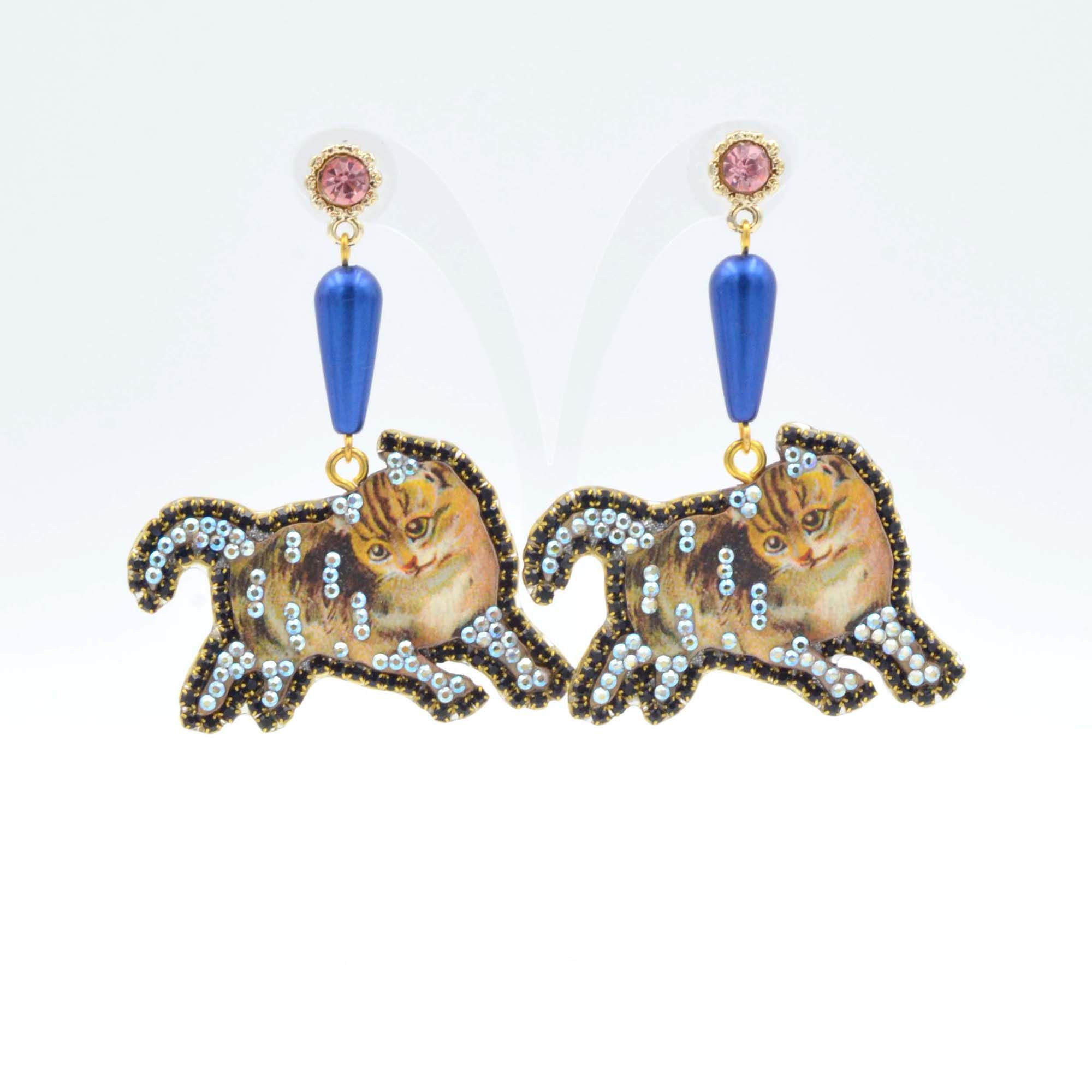 閃鑽鍊子繞邊貓咪木片耳環綴施華洛水晶