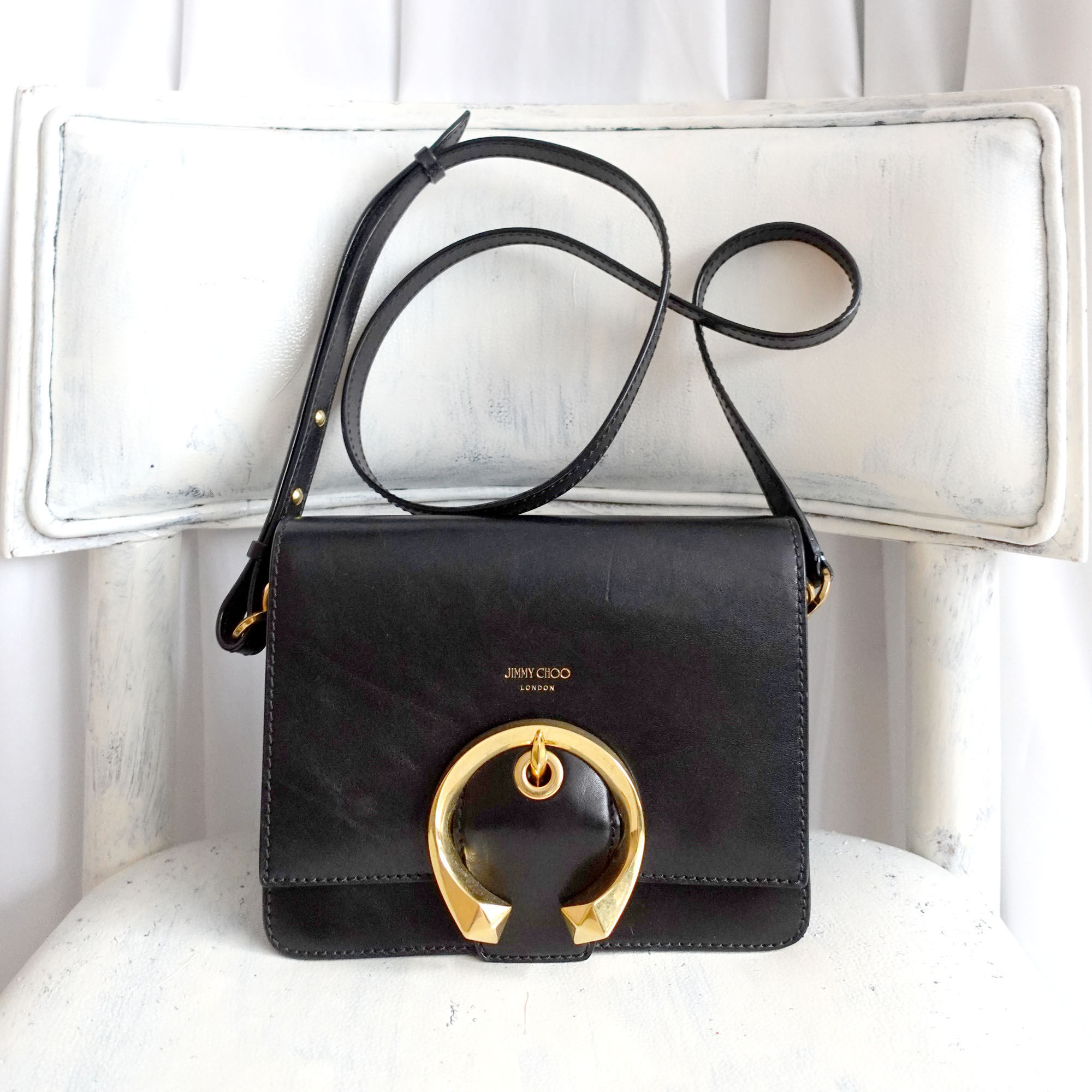 JIMMY CHOO genuine cowhide leather gold C-shaped buckle crossbody bag handba