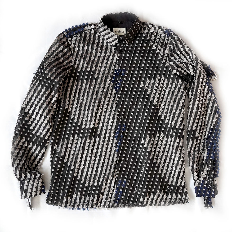 Miniaturbild: TIMBEE LO Silver Blue Black Feather see-thought chiffon Shirt with invisible strap TIMBEE LO 銀藍黑色排絮編織半透視布料搭帶恤衫    Material -