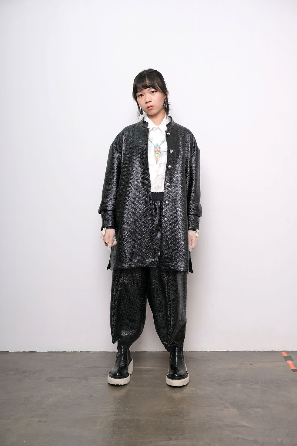 Thumbnail: TIMBEE LO Black PU coating in tweed wool Coat with trimming