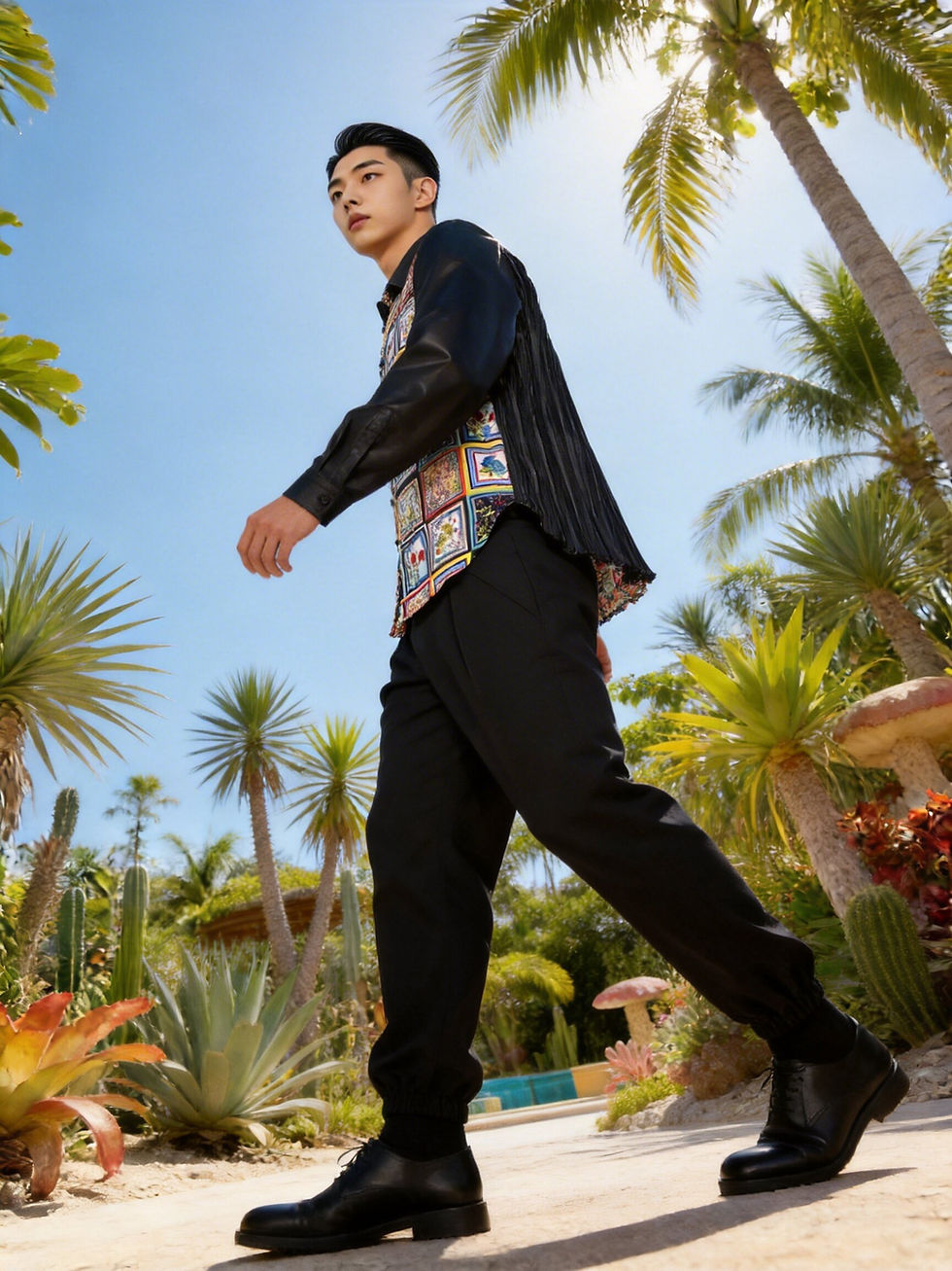 Miniature : TIMBEE LO Black Shirt with Satin Scarf Print in Vintage Style and Pleated Back