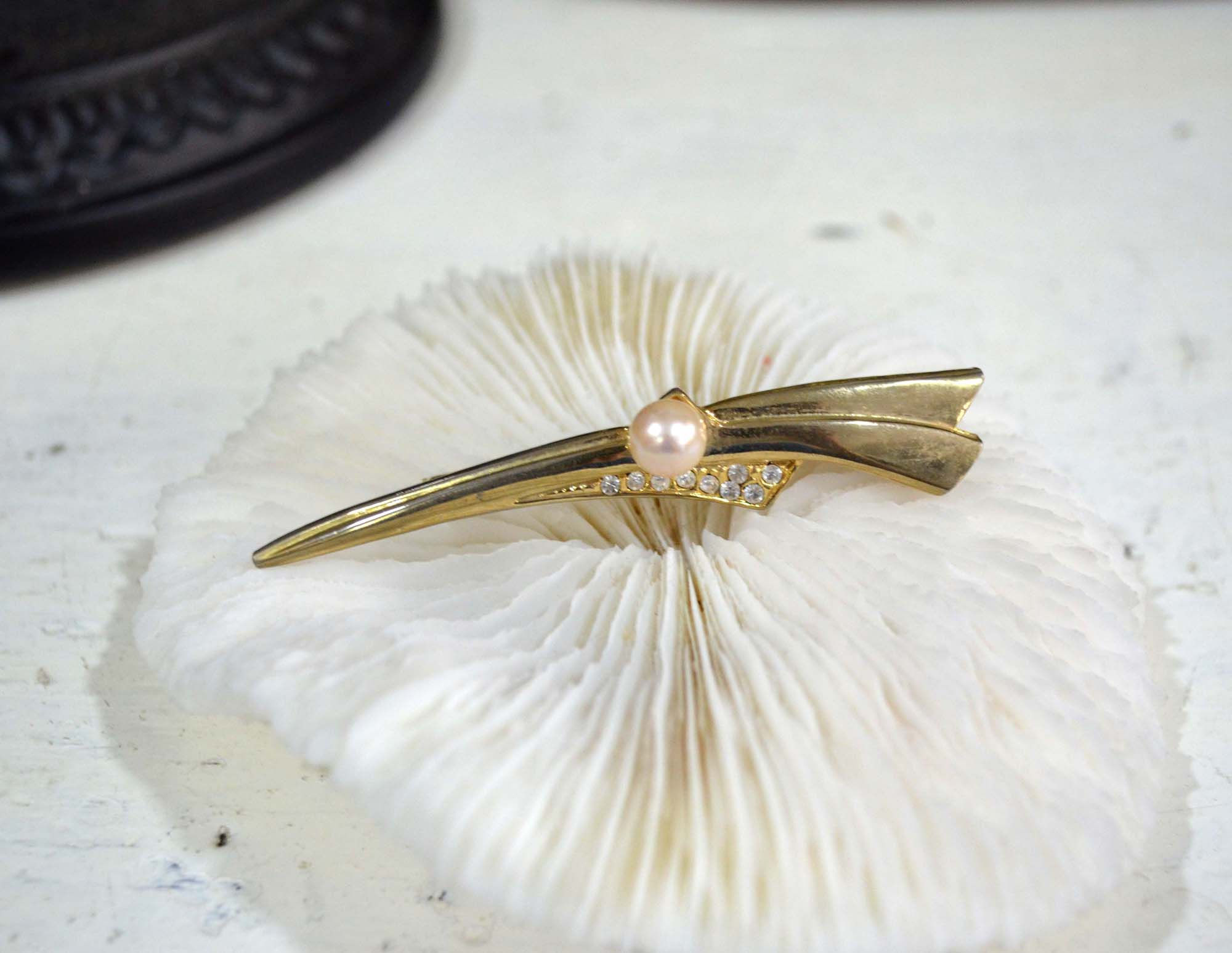 簡約鍍金流條閃鑽珍珠胸針 高貴優雅 日本高級二手中古珠寶首飾