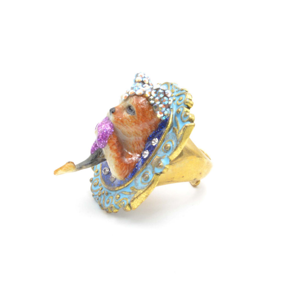 Miniatura: 貓咪吃魚綴施華洛水晶裝飾 黃銅戒指 手工抹青銅琺瑯手藝花邊