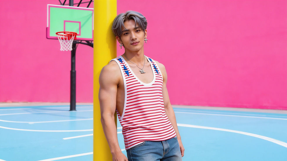 縮圖：TIMBEE LO Unisex Low-Cut Large Armhole Striped Tank Red x White Triangle Deco