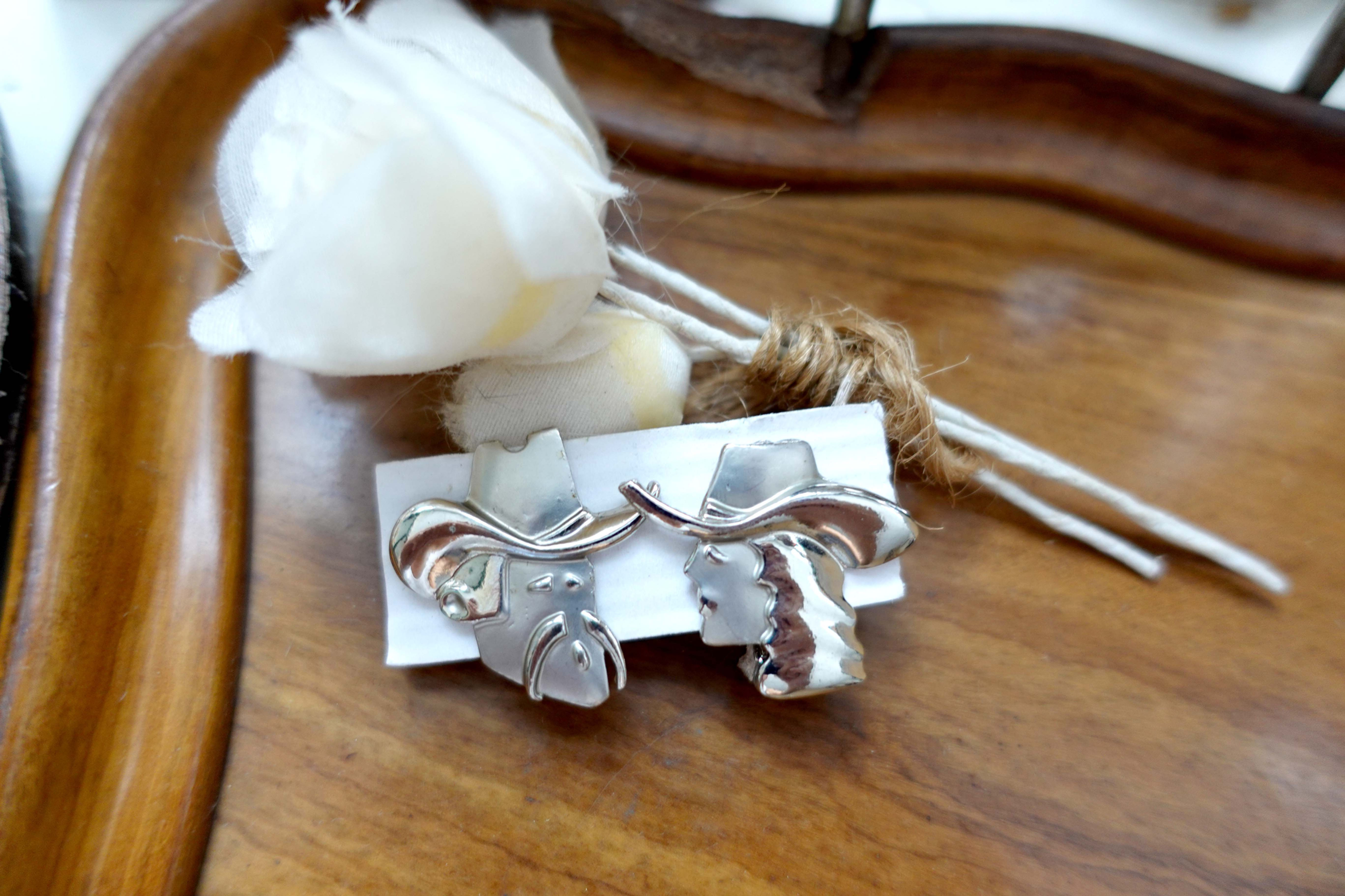 日本中古80年代昭和銀色立體人面形耳夾耳環高級二手古著珠寶首飾