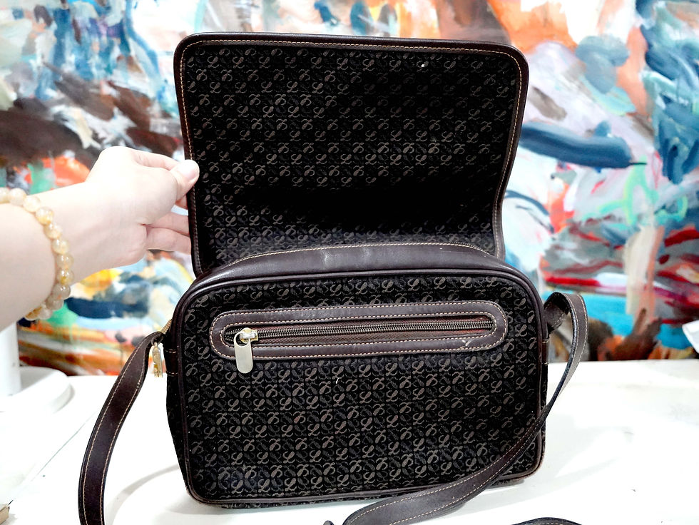 縮圖：中古LOEWE咖啡色logo圖案真皮帆布長帶跨包手袋包包 高級二手古著