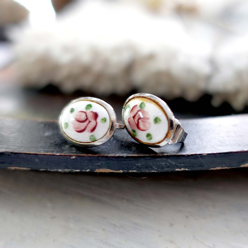 Miniatura: 日本昭和中古白色陶瓷玫瑰花銀色邊耳夾耳環高級二手古著珠寶首飾