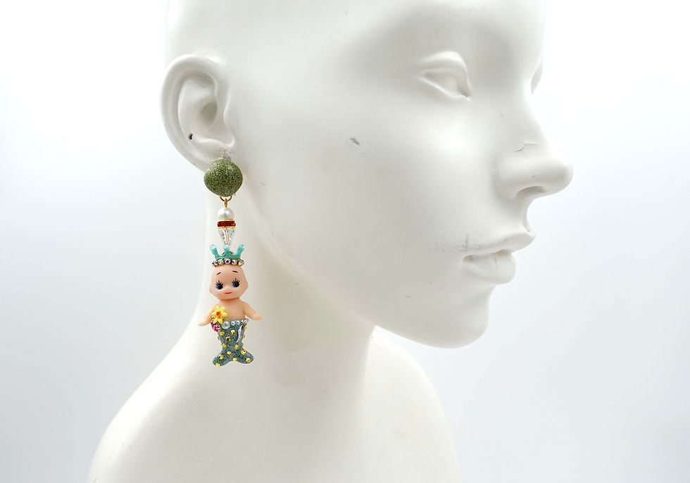 Miniatura: 綠色美人魚小嬰兒娃娃綴施華洛水晶寶石夾耳環耳夾 全手工可訂製 的副本 的副本