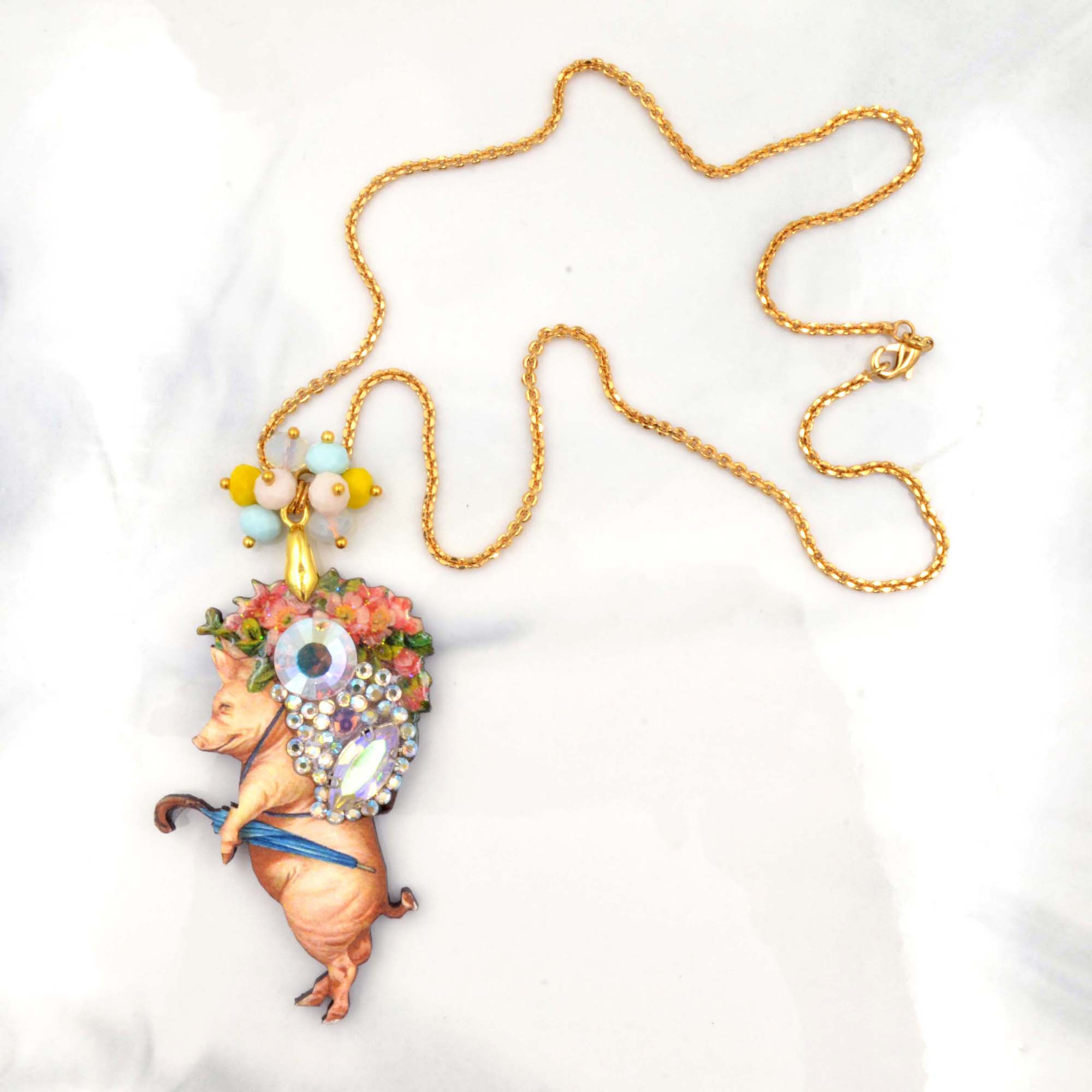 肥豬先生木片綴施華洛水晶頸鍊 鍍18K金項鍊 Mr Pig laser cut wood with 18K gold plated necklace