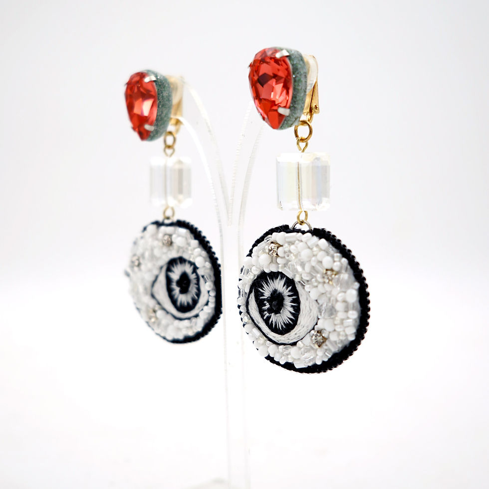 Miniaturbild: 【CUPID】Large White Eyes Embroidery Earring 【邱比特系列】巨大白色刺繡釘珠眼晴耳環   Eye Material - Embroidery Stitches + PU  Crystals Material -