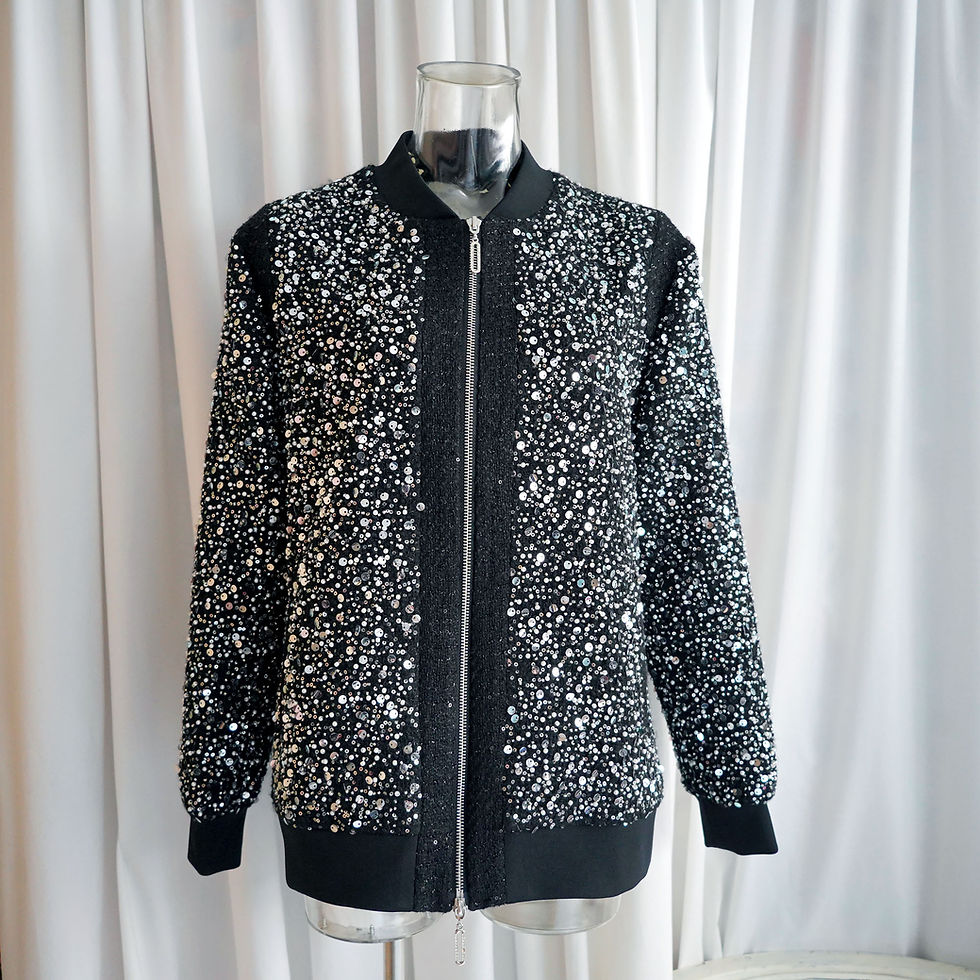 縮圖：TIMBEE LO Black Tweed Zip-Up Jacket with Plastic Pearls and Sequins