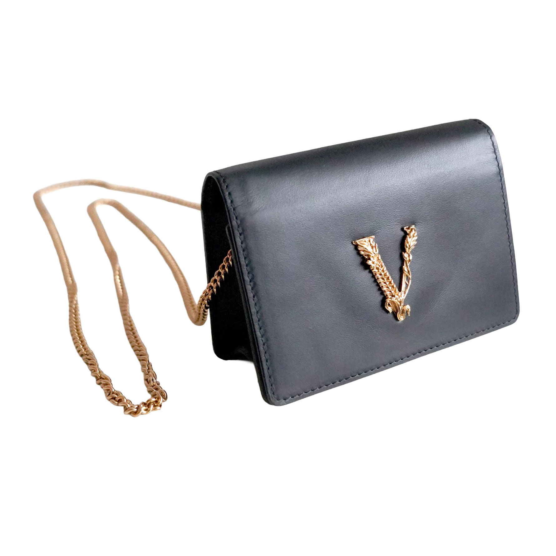 VERSACE Black Leather Lambskin Chain Wallet
