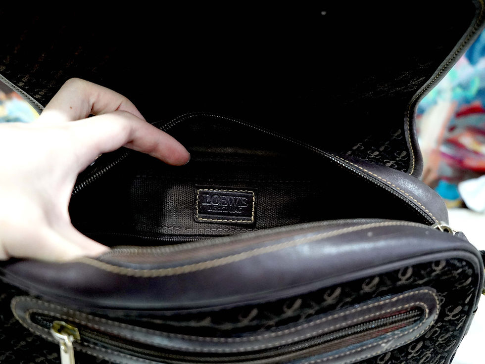 サムネイル： 中古LOEWE咖啡色logo圖案真皮帆布長帶跨包手袋包包 高級二手古著