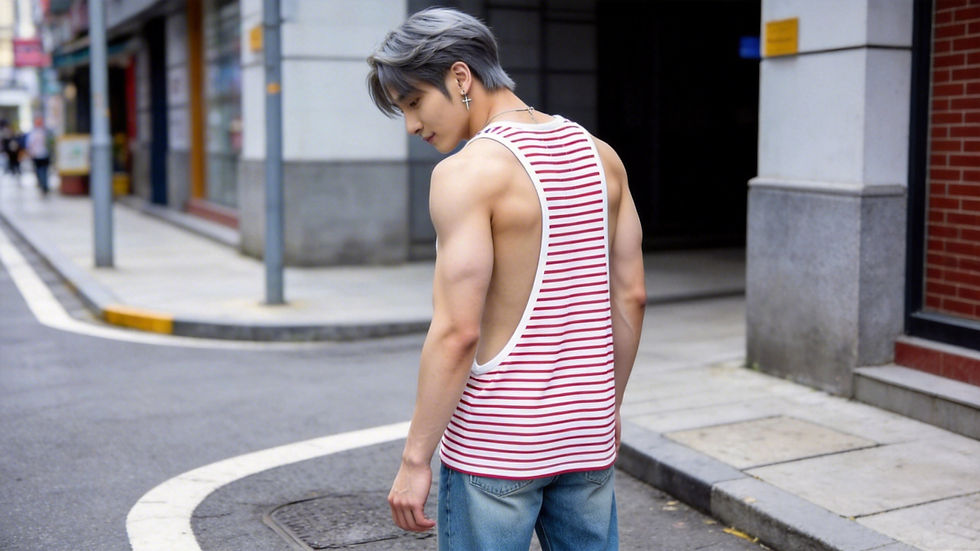 Miniature : TIMBEE LO Unisex Low-Cut Large Armhole Striped Tank Red x White Triangle Deco