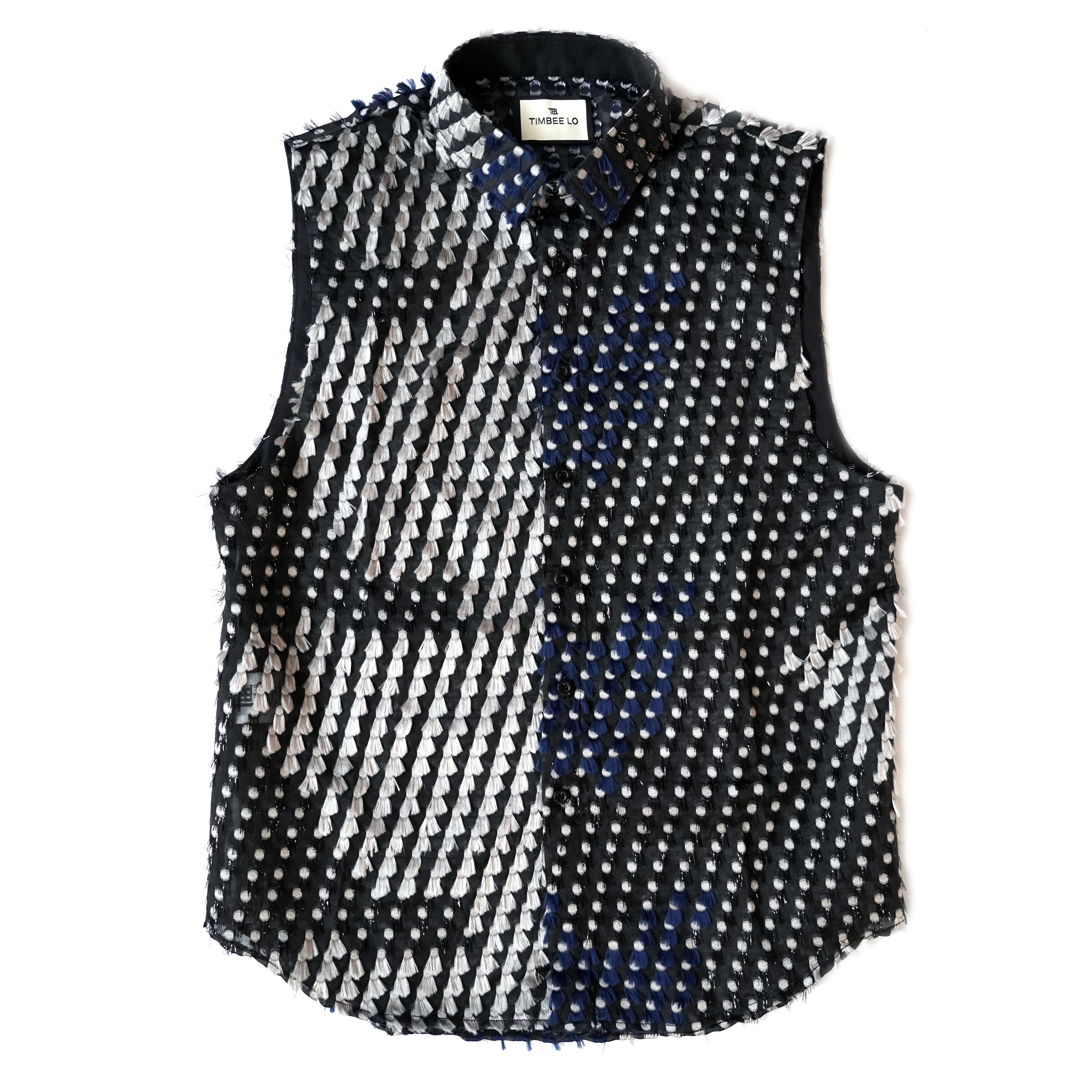 TIMBEE LO Silver Blue Black Chiffon Feathers Sleeveless Shirt TIMBEE LO 銀藍黑排絮半透視雪紡無袖背心恤衫 Material - 100% Polyester Size