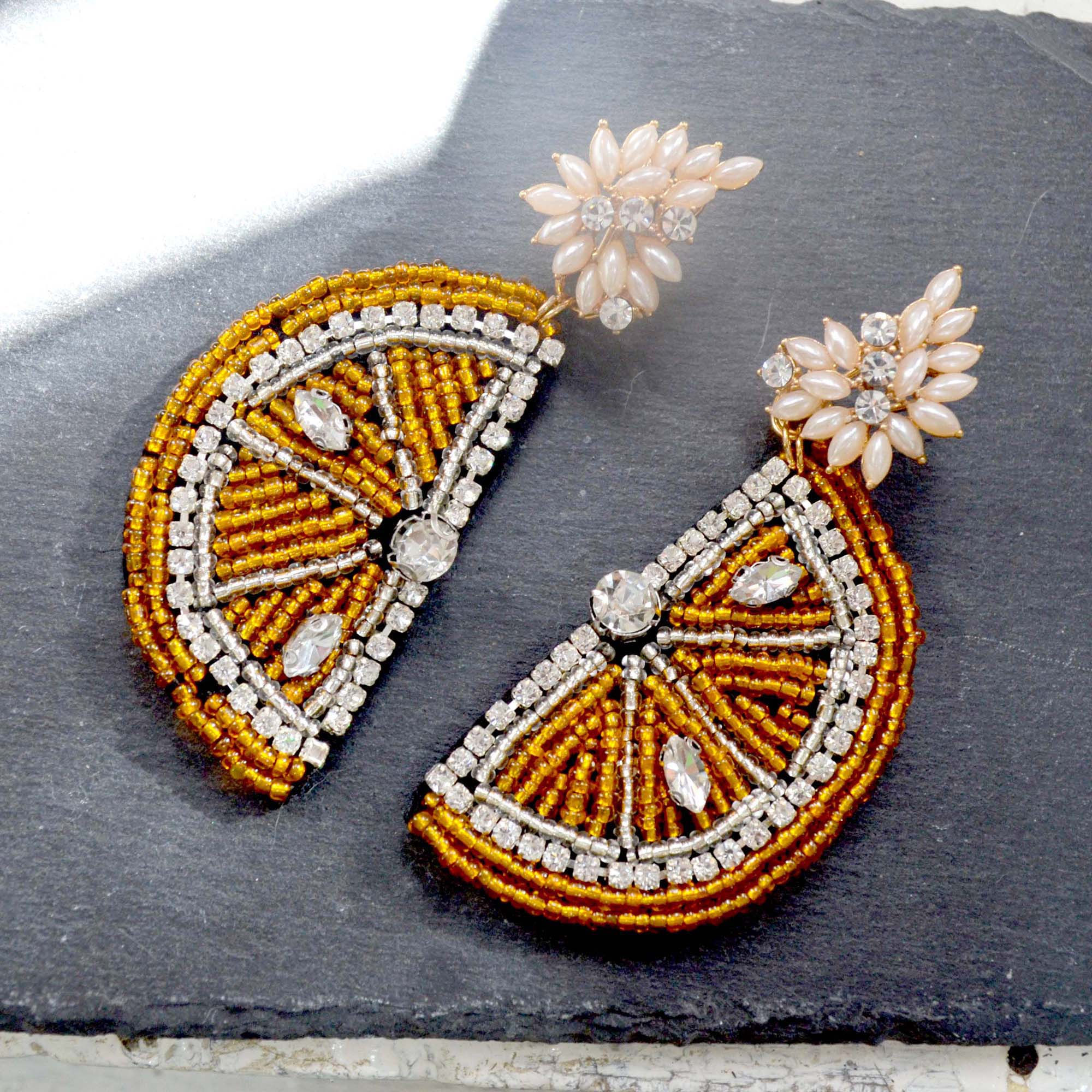 立體橙色橘子手工釘珠閃亮寶石耳環 香港設計師人手製 時裝藝術品