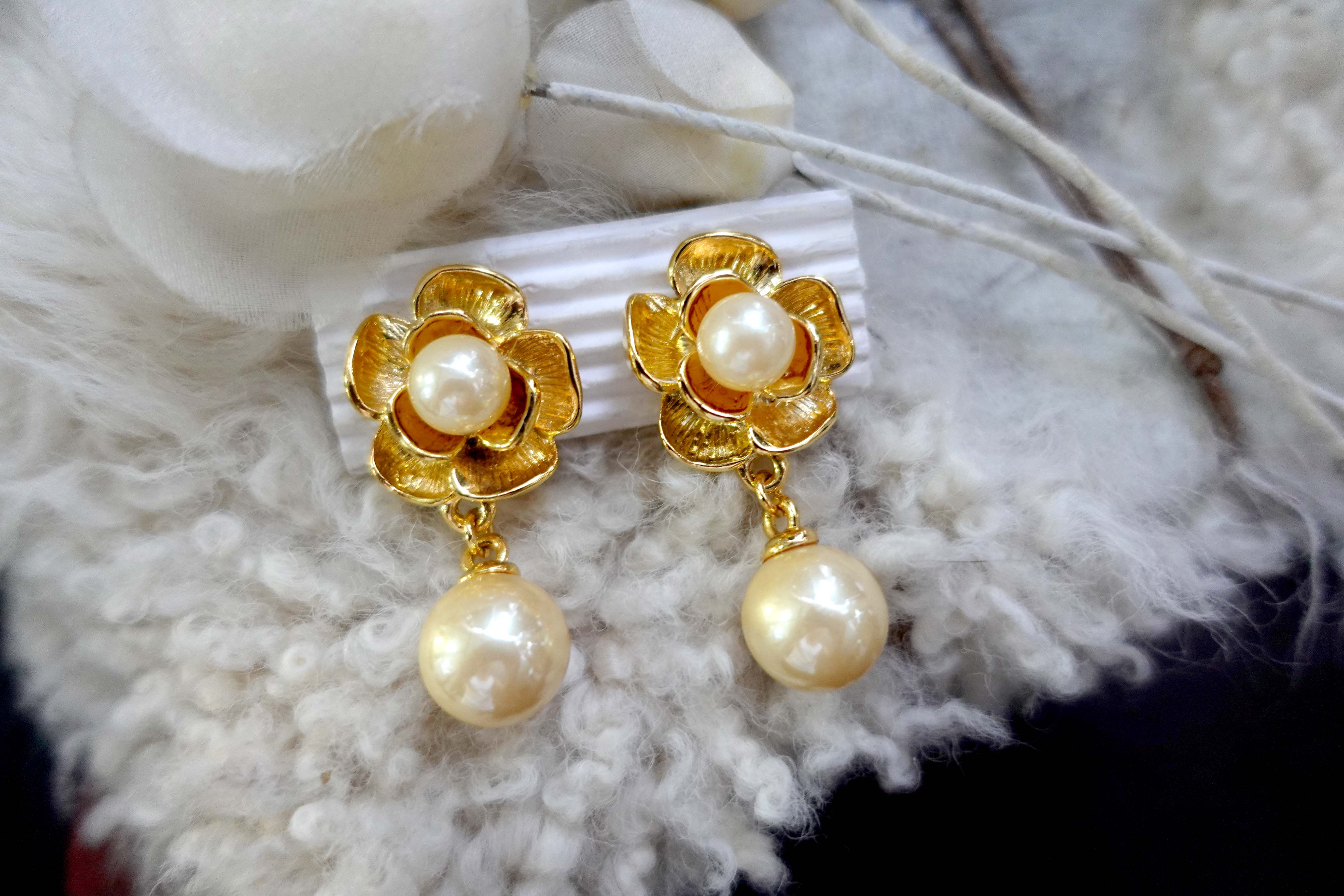 日本中古80年代昭和金色巨型仿珍珠耳夾耳環高級二手古著珠寶首飾