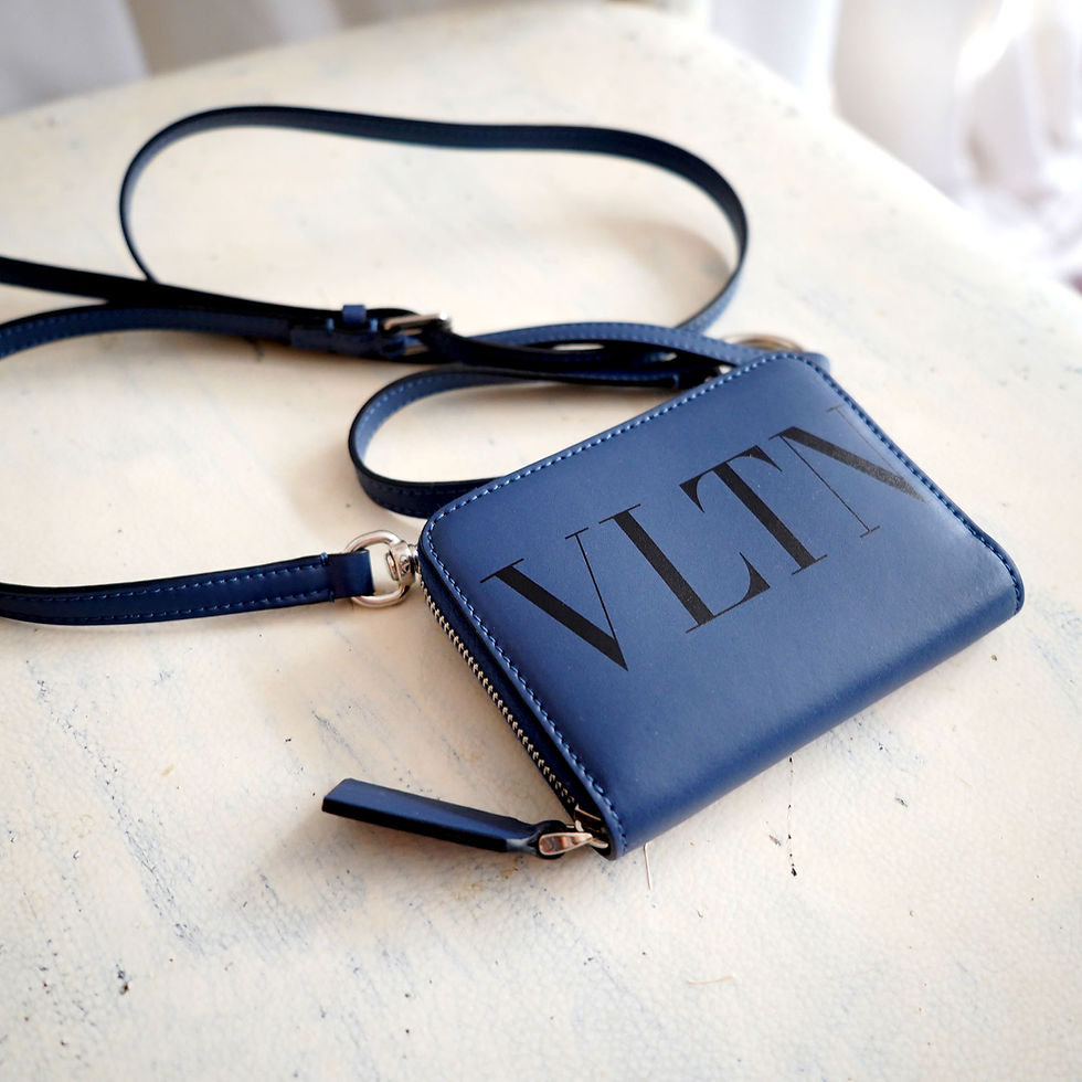 サムネイル： VALENTINO Blue Leather Card Holder / Mini Wallet Crossbody Bag with VLTN Logo