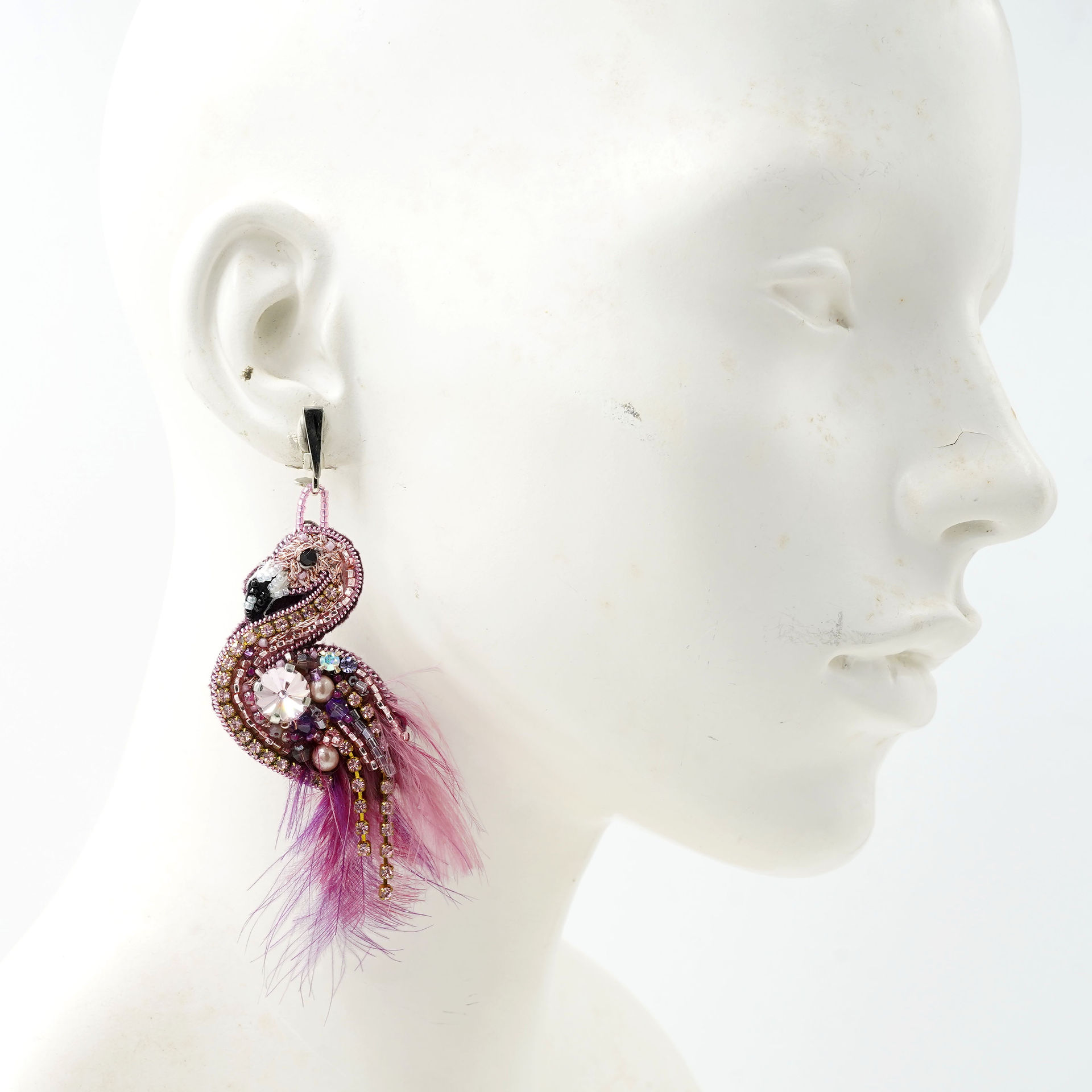 Jewelry Russian Hand-Embroidered Baroque Style Flamingo Feather Earrings