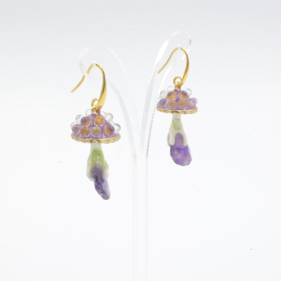 サムネイル： 香芋紫色 Gookaso 蘑菇紫水晶魔法石耳環  粉晶 紫晶 綠松石 綠幽靈