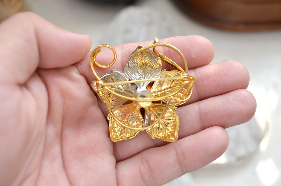 Miniatura: 鍍24K金花朵玳瑁色珠胸針 日本中古二手珠寶首飾 高貴優雅復古風