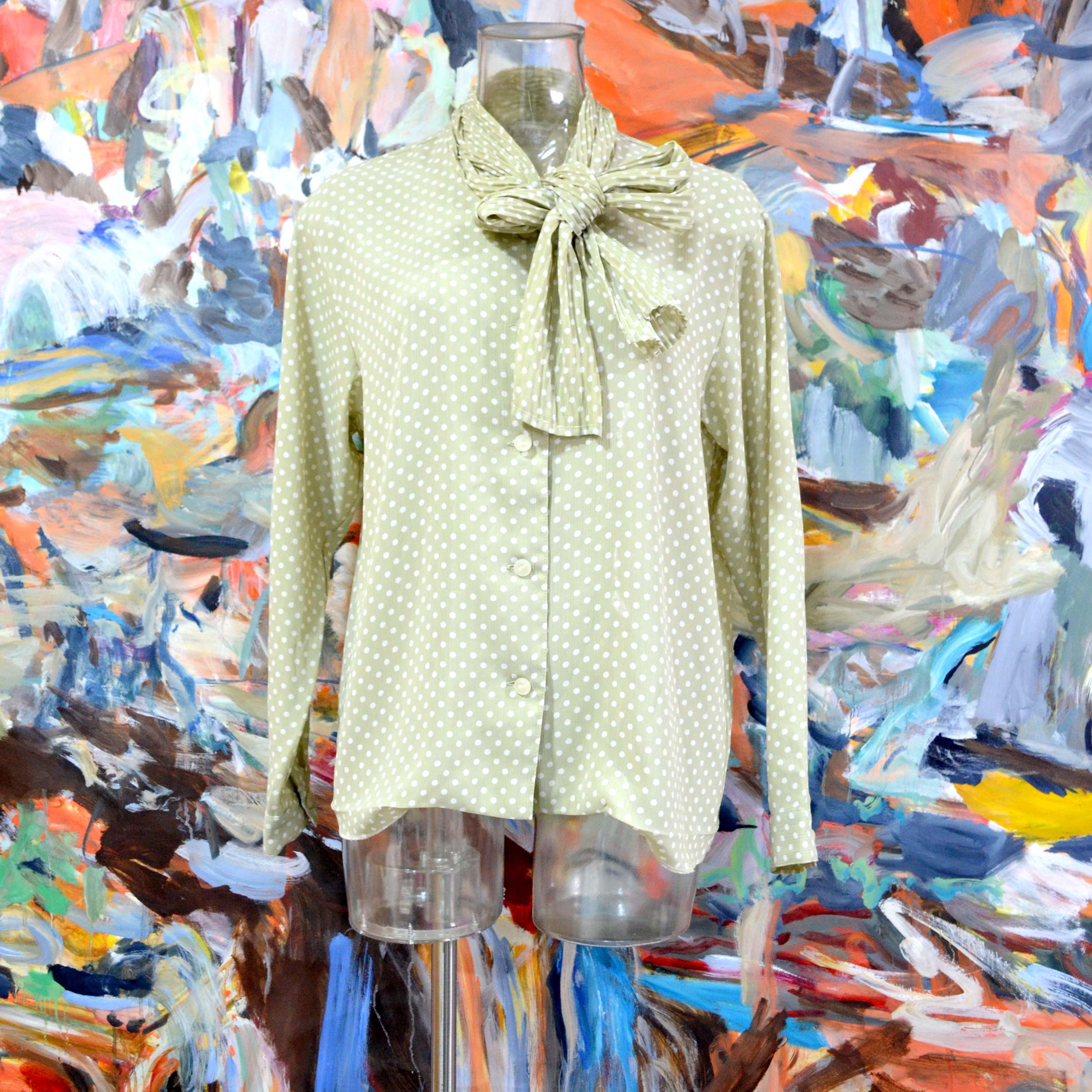 草綠色圓點絲巾蝴蝶結領口寬鬆襯衫 文青風高貴優雅 日本中古古著