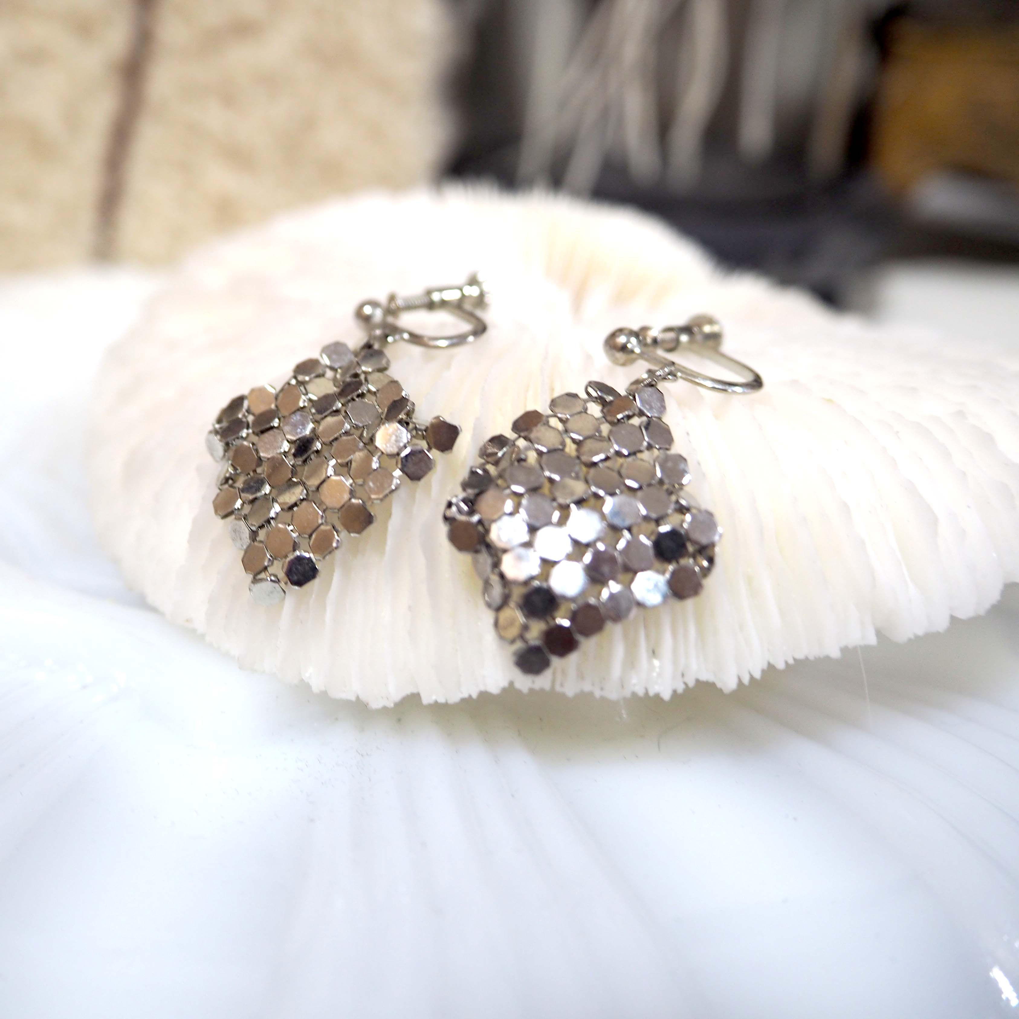 鍍銀工藝編織布夾式耳環耳夾 貴婦人淑女 日本高級二手古著珠寶首飾​​​​​​​