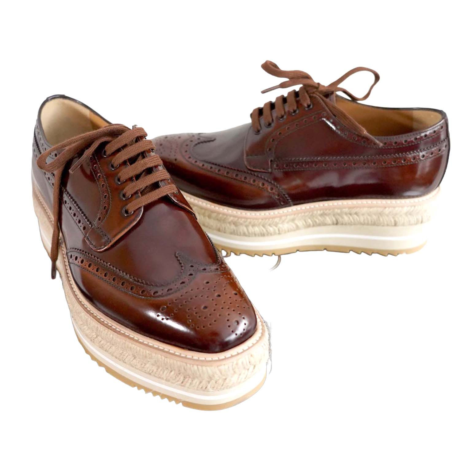PRADA Brown Woven Jute-Trimmed Platform Oxford Shoes