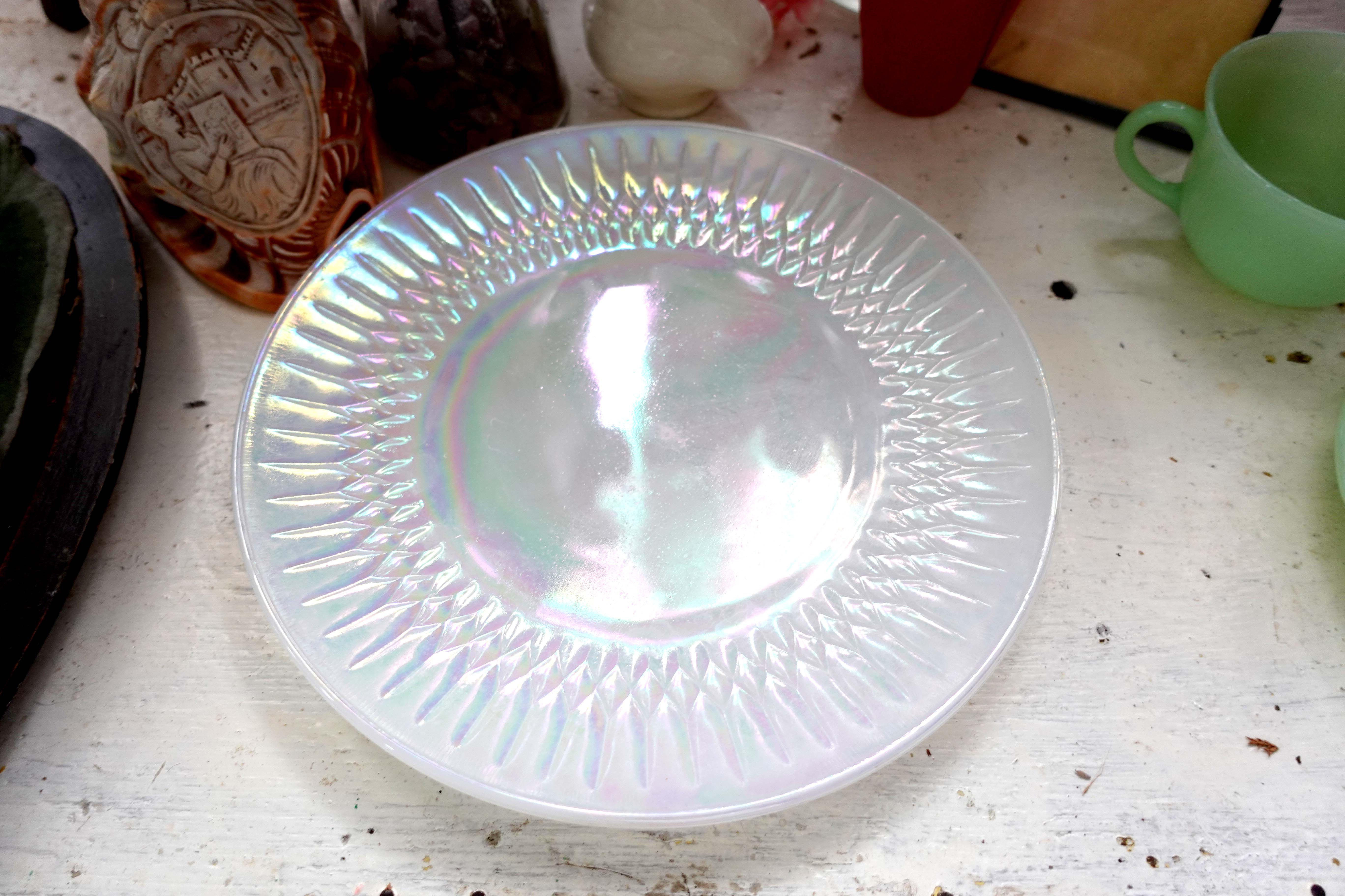 FIRE KING 1960s Antique Iridescent White Aura Glass Salad Plate