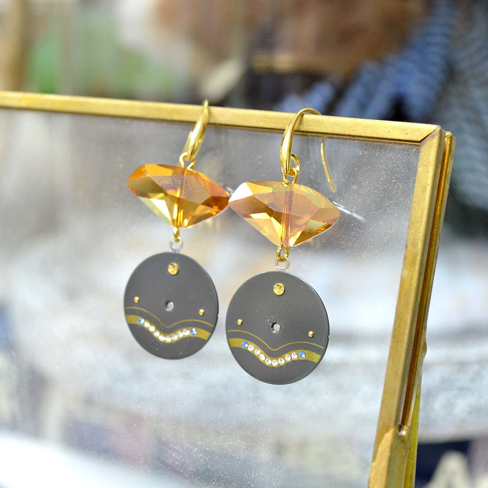 Miniature : 茶色施華洛不規則水晶石綴古董錶面耳環 Brown Swarovski Crystal with Vintage Watch Dial Earri