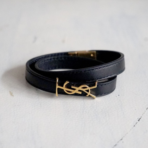 YSL SAINT LAURENT Black Leather Double-Wrap Bracelet with Gold YSL