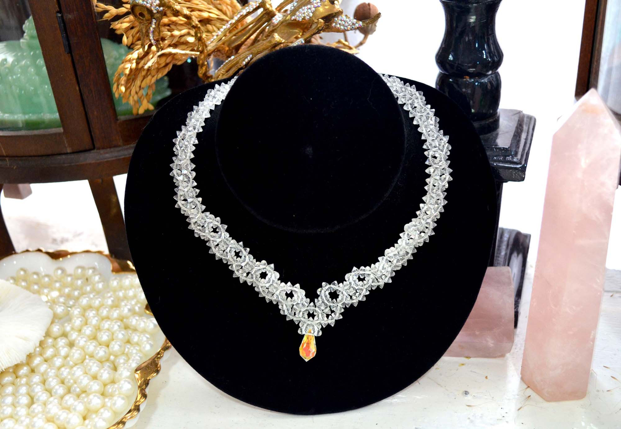 白色水晶拼花施華洛水晶短項鏈 貴婦淑女 日本高級古著珠寶首飾