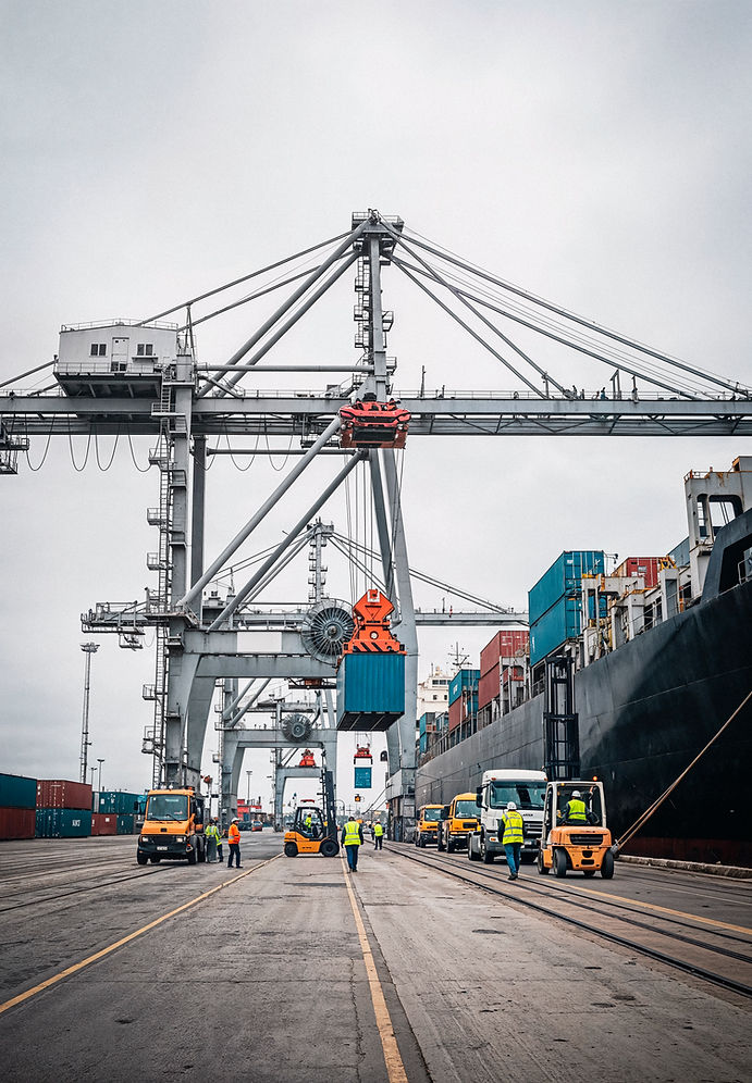 Cargo containers being loaded at an Indian port with cranes and trucks - Sri Hari Exports international shipping and logisti