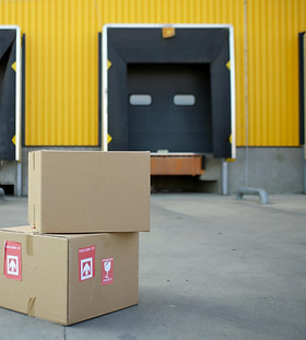Cardboard boxes stacked at a loading dock, representing Sri Hari Exports’ bulk order specification and custom packaging services.