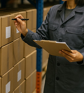 Inspector checking stacked boxes with a clipboard and pen, representing Sri Hari Exports’ quality inspection and compliance services.
