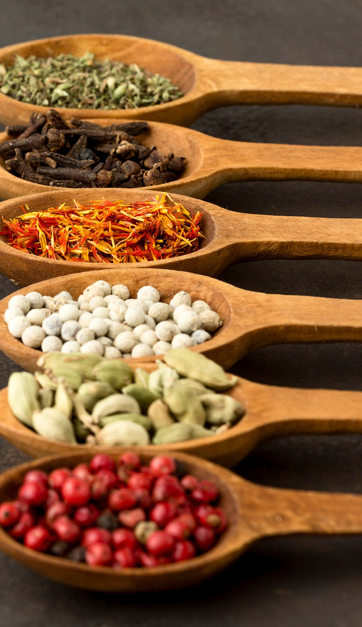 Assorted Indian spices and herbs in wooden spoons - Sri Hari Exports agricultural products