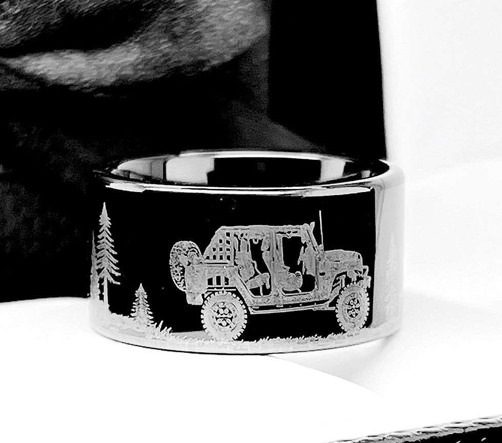 Thumbnail: Jeep Car Pattern Engraved Black Tungsten Carbide Ring | Men's Wedding Band | Automotive-Inspired Jewelry | Gift for Husband