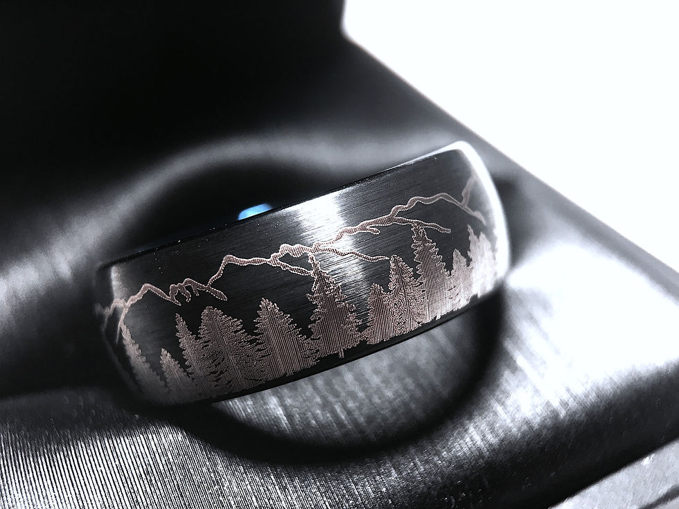 Thumbnail: Black and blue two-tone tungsten carbide wedding band with a brushed finish.
