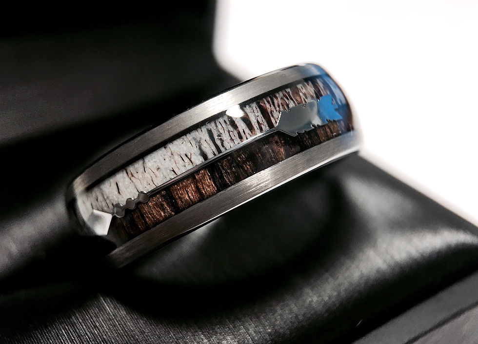 Thumbnail: Antler Ring, Wooden Ring, Arrow Inlay, Brushed, Tungsten Wedding Bands, 8mm