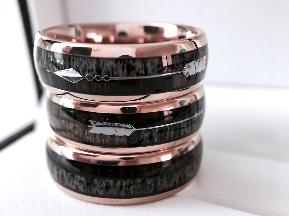 Thumbnail: Rose Gold, Tungsten Carbide Ring, Wood, Real Antler,  Arrow Inlay, Wedding Ring Set